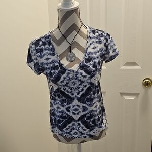 INC International Concepts Navy and White Short Sleeve Top